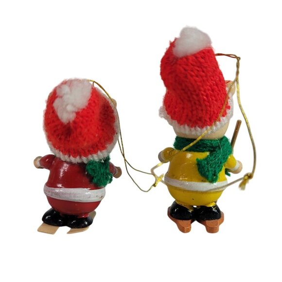 Vintage Wooden Pig Christmas Ornaments Walking Skiiing Knit Hats Lot of 2 READ - Picture 4 of 10